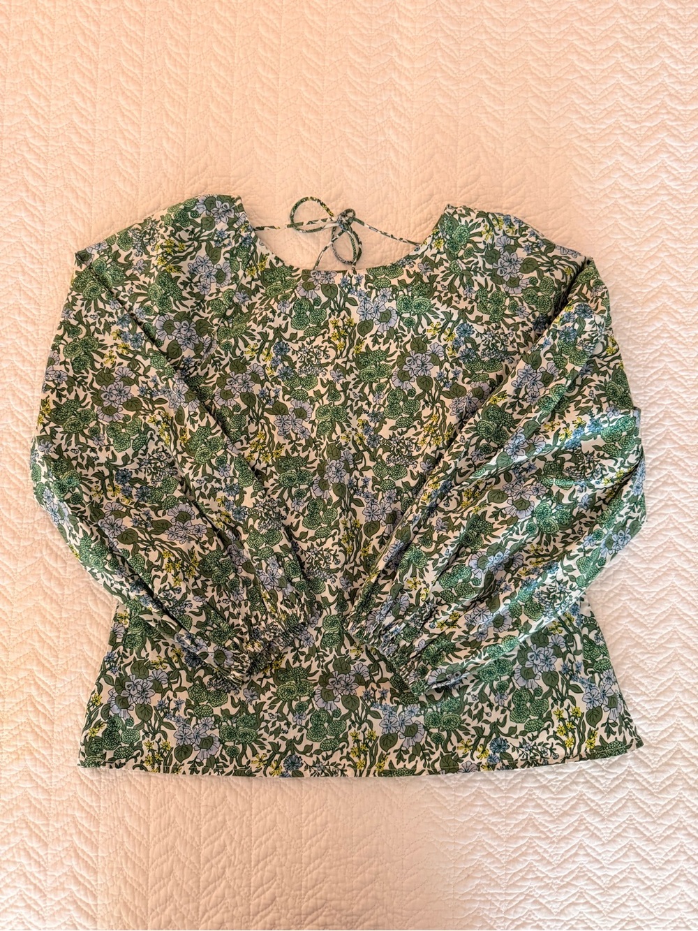 J. Crew Green Floral Tie-Back Long Sleeve Blouse